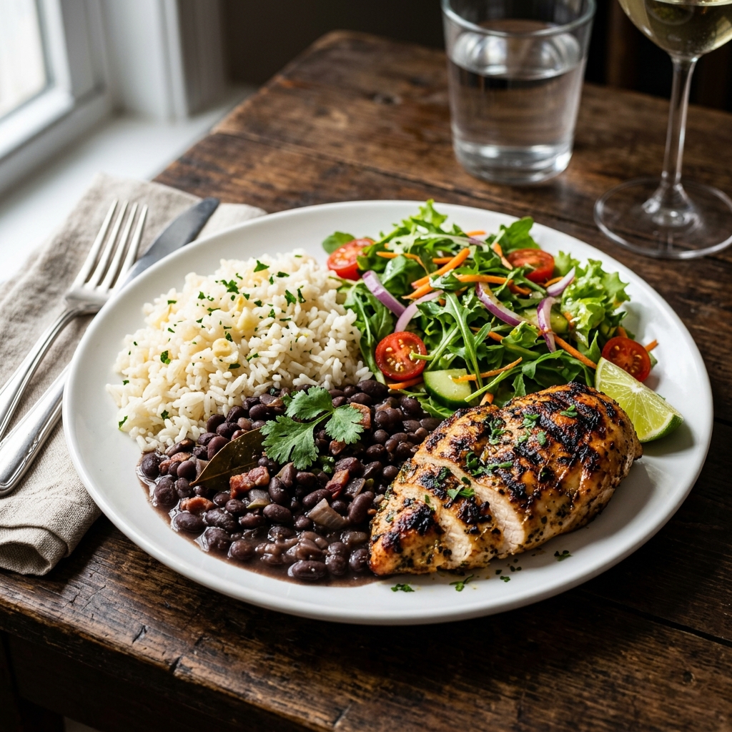 Prato de arroz com feijão e frango grelhado