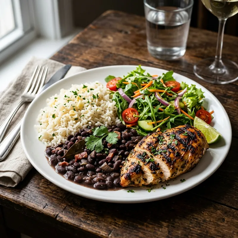 Prato de arroz com feijão e frango grelhado
