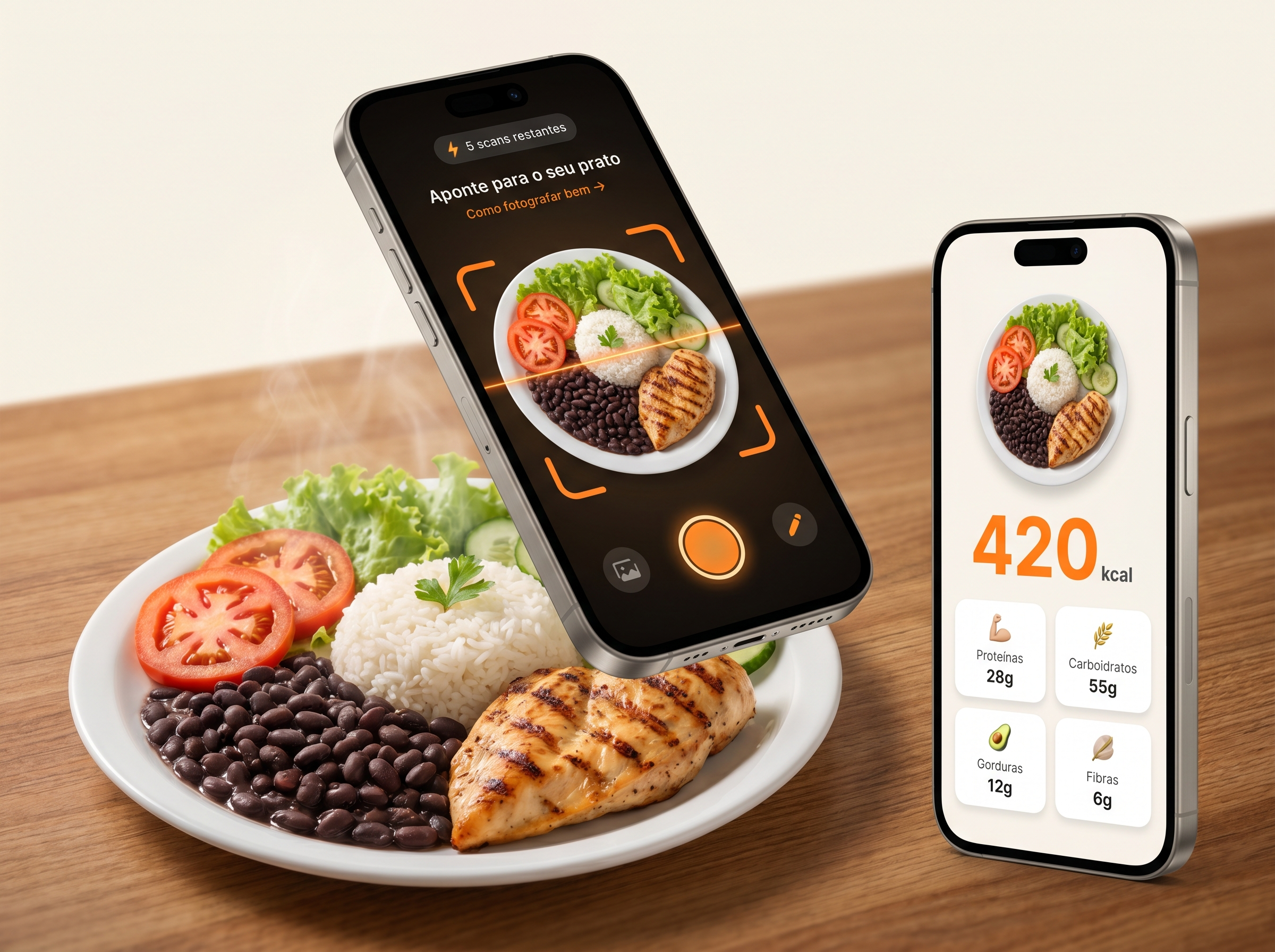 SnapNutri analisando comida brasileira — câmera e resultado em dois iPhones