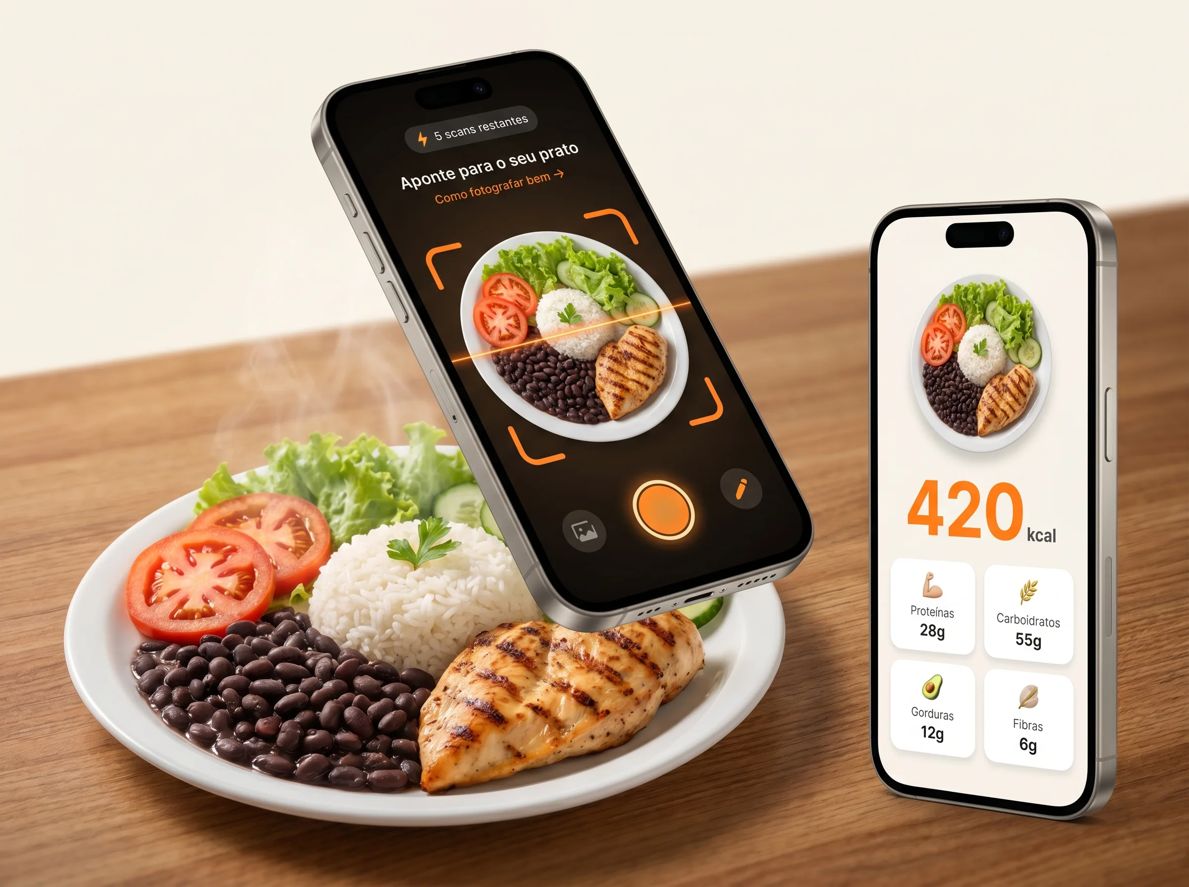 SnapNutri analisando comida brasileira — câmera e resultado em dois iPhones